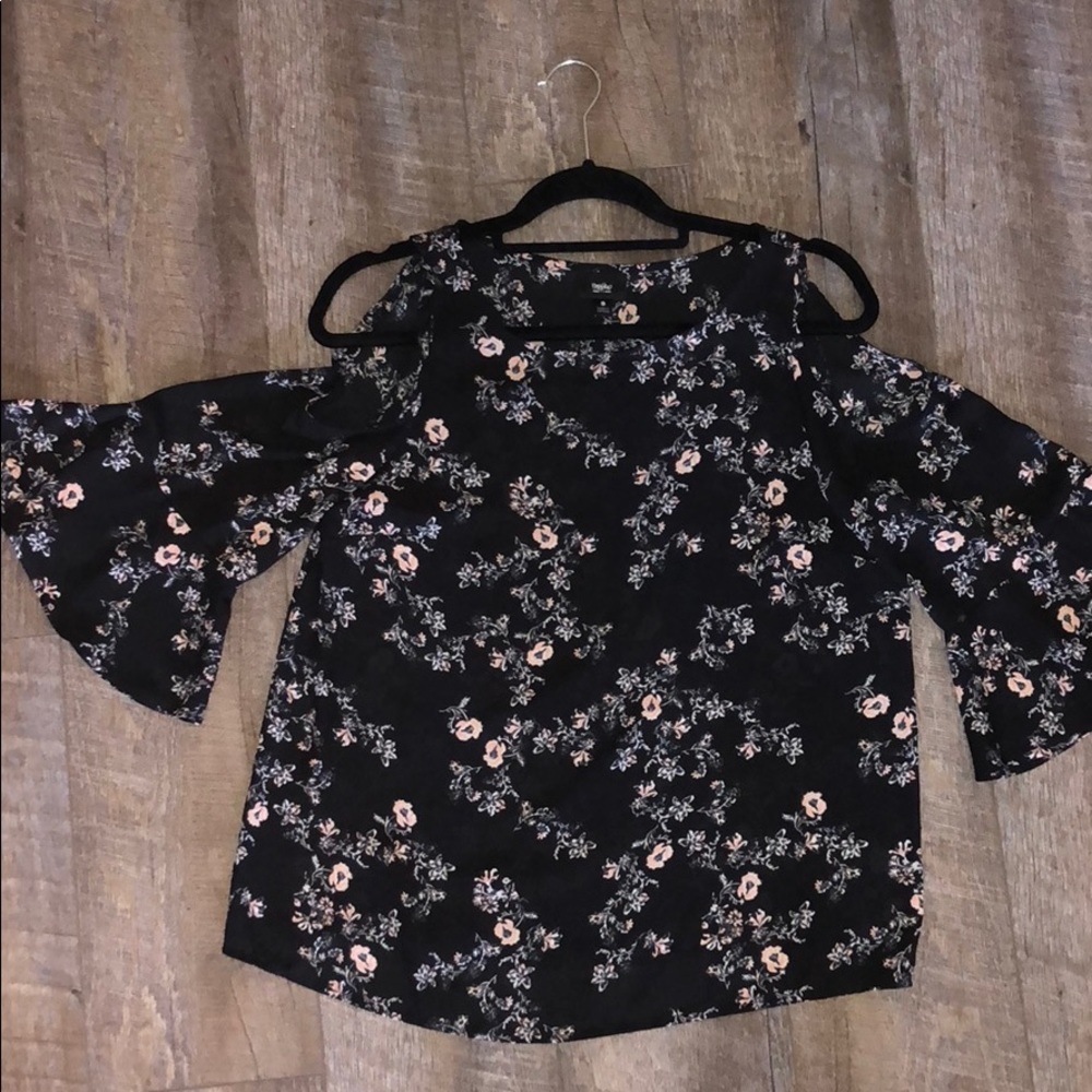 Black flower print blouse with should cut outs